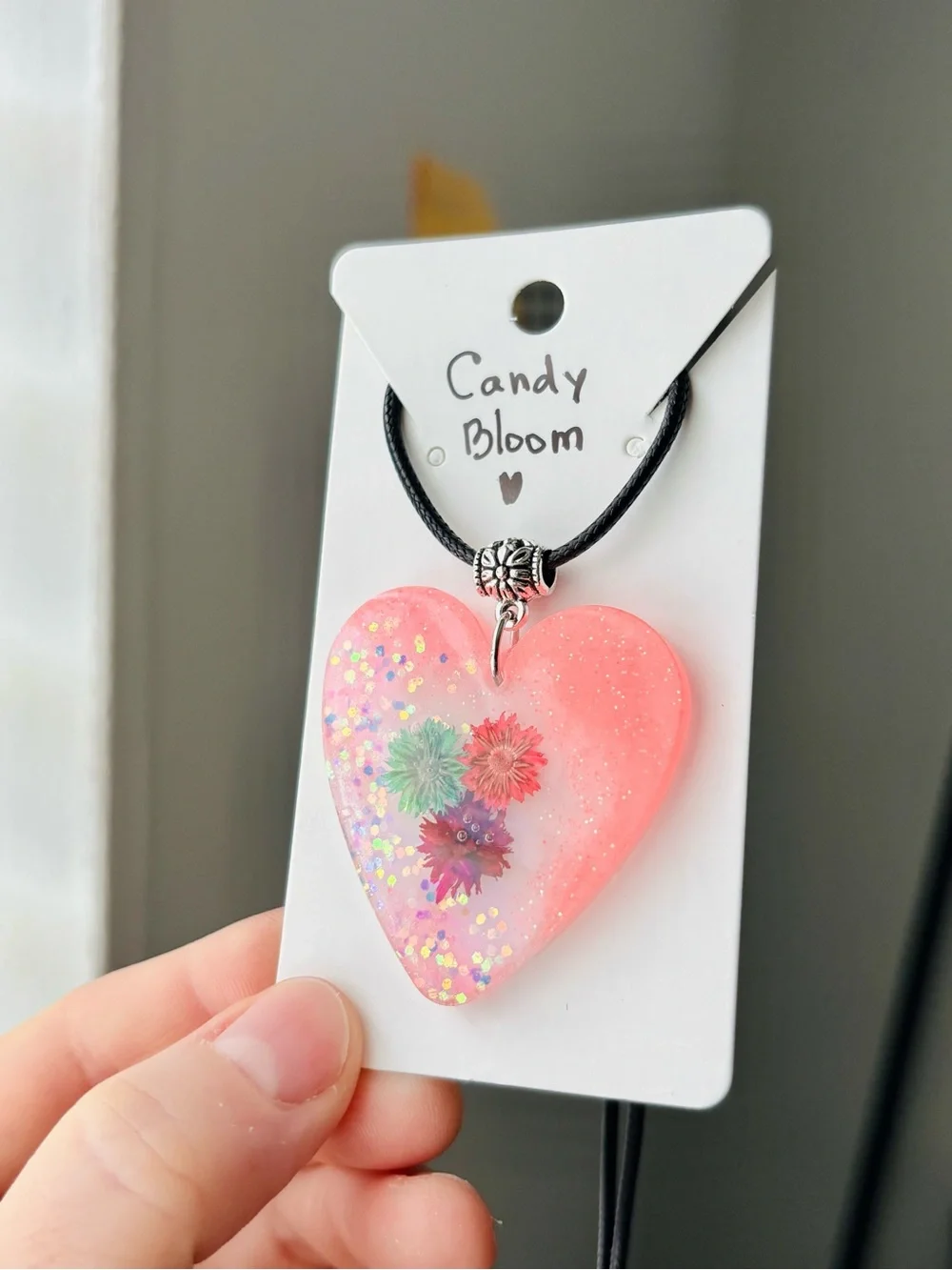 Candy Bloom Resin Heart Necklace Handmade Dried Flower Pink Pendant
